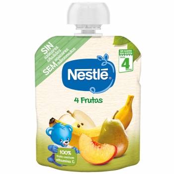 Bolsita de 4 frutas desde 4 meses Nestlé sin gluten y sin azúcar añadido 90 g.