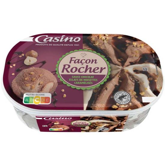 Casino Crème glacée - Façon Rocher avec sauce chocolat et éclats de noisettes caramélisées - Bac - 505g