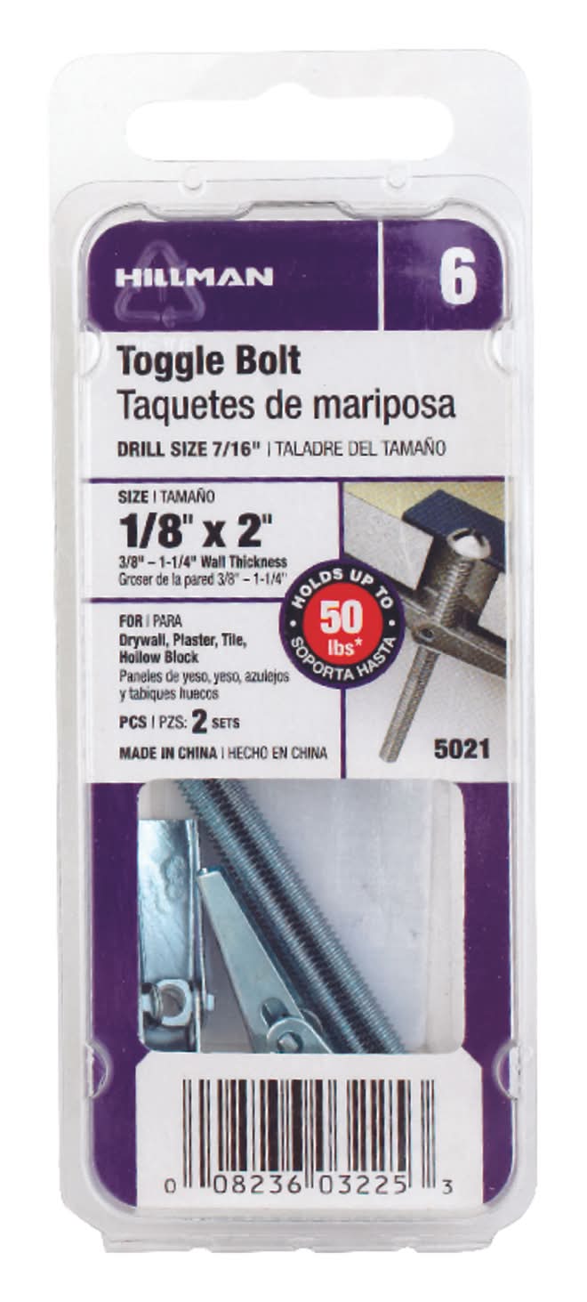 Hillman 1/8 In. D X 2 In. L Round Zinc-Plated Steel Toggle Bolt 2 Pk