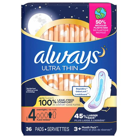Always Ultra Thin Overnight Flexi-Wings Pads Size 4 (36 ct)