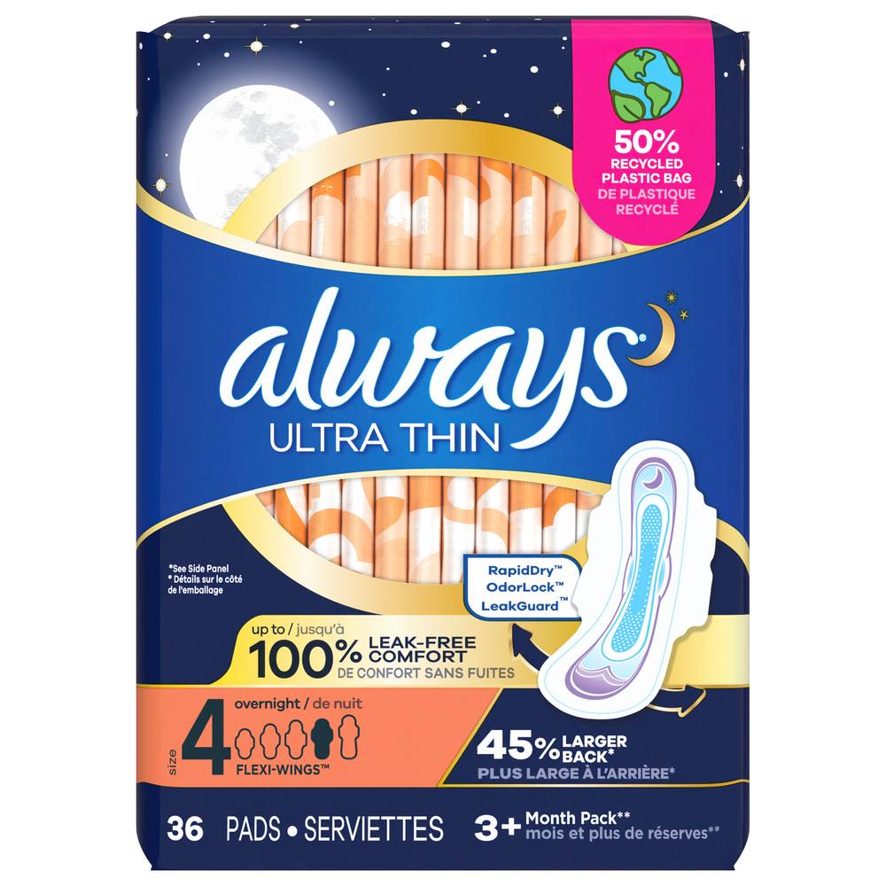 Always Ultra Thin Overnight Flexi-Wings Pads, Size 4 (9.6 oz, 36 ct)