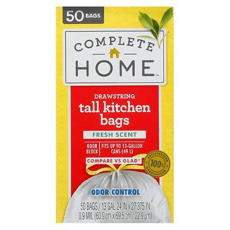 Complete Home Drawstring Kitchen Bags 13 Gallon, White (50ct)