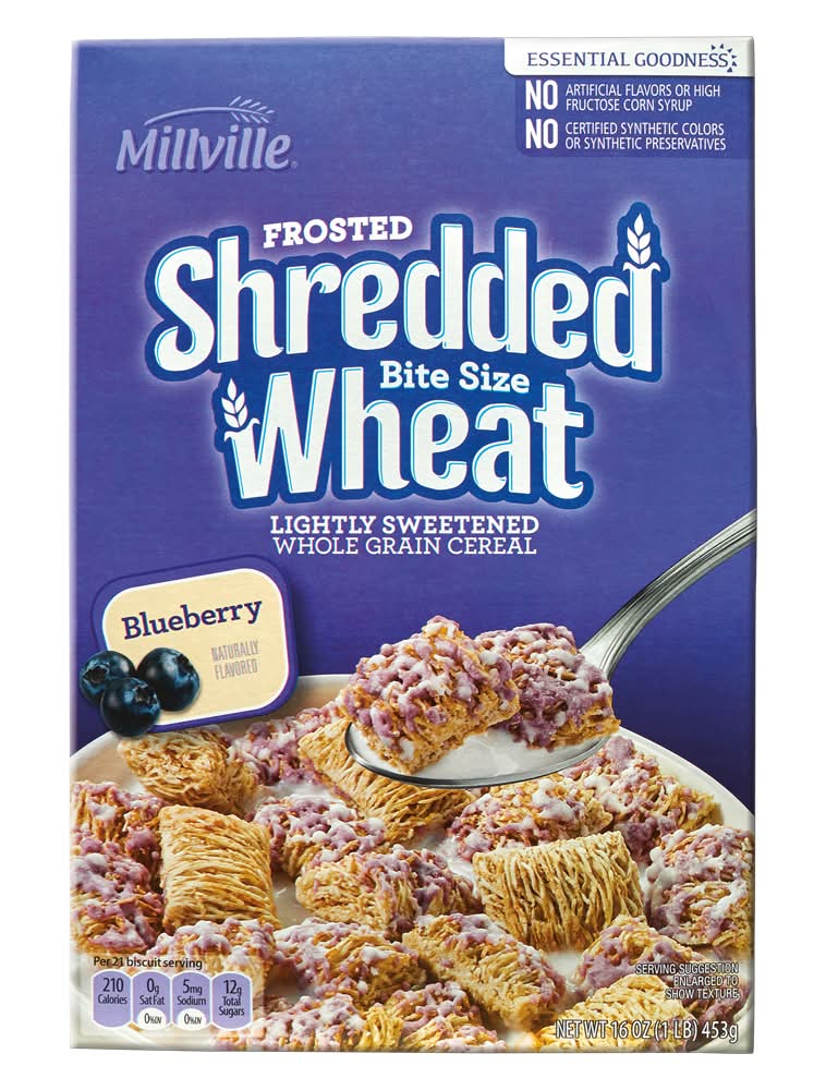 Millville Frosted Shredded Wheat Bite Size Whole Grain Cereal, Blueberry (16 oz)