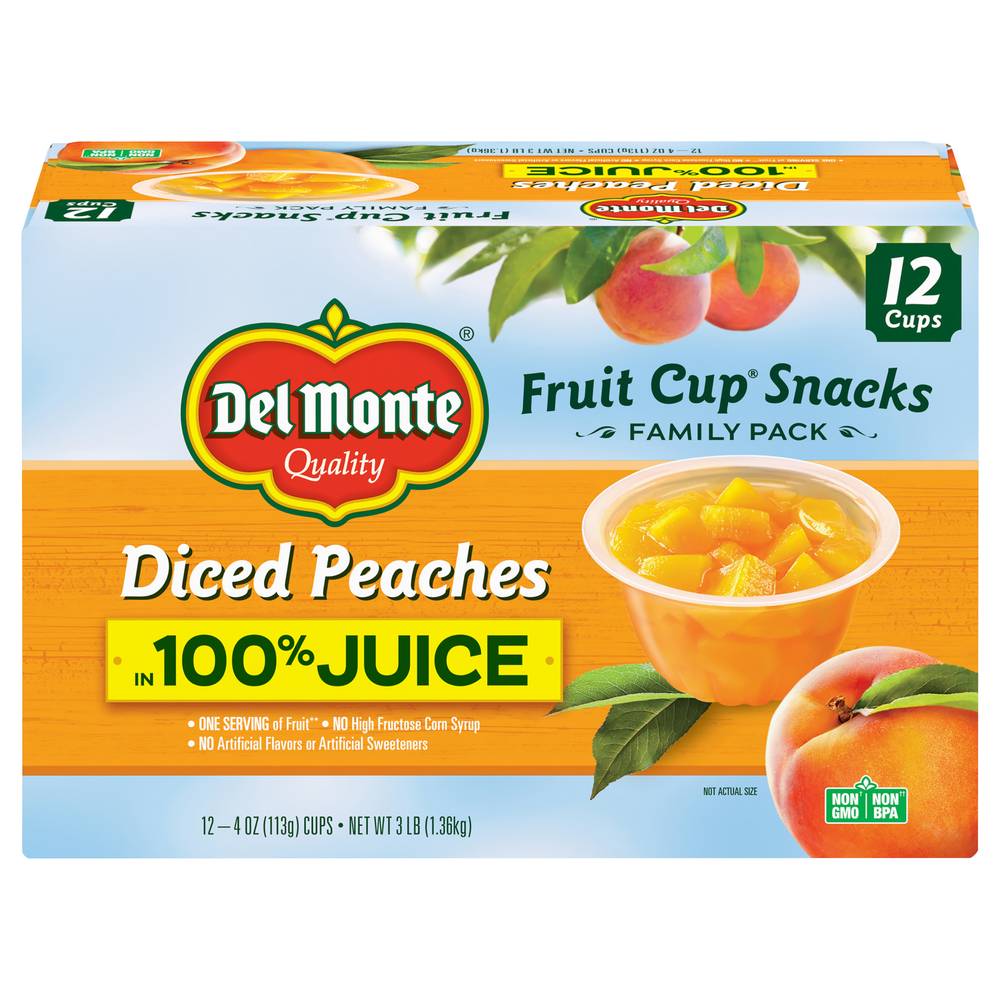 Del Monte Fruit Cup 100% Juice Diced Peaches Snacks (12 x 4 oz)