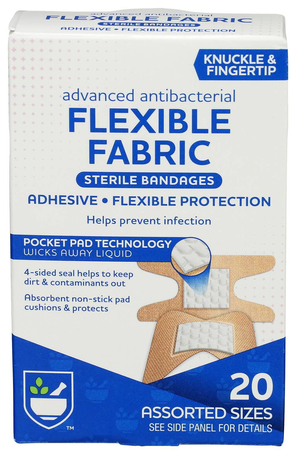 Rite Aid First Aid Advanced Antibacterial Fabric Adhesive Bandages Knuckle & Fingertip Assorted Sizes (20 ct)