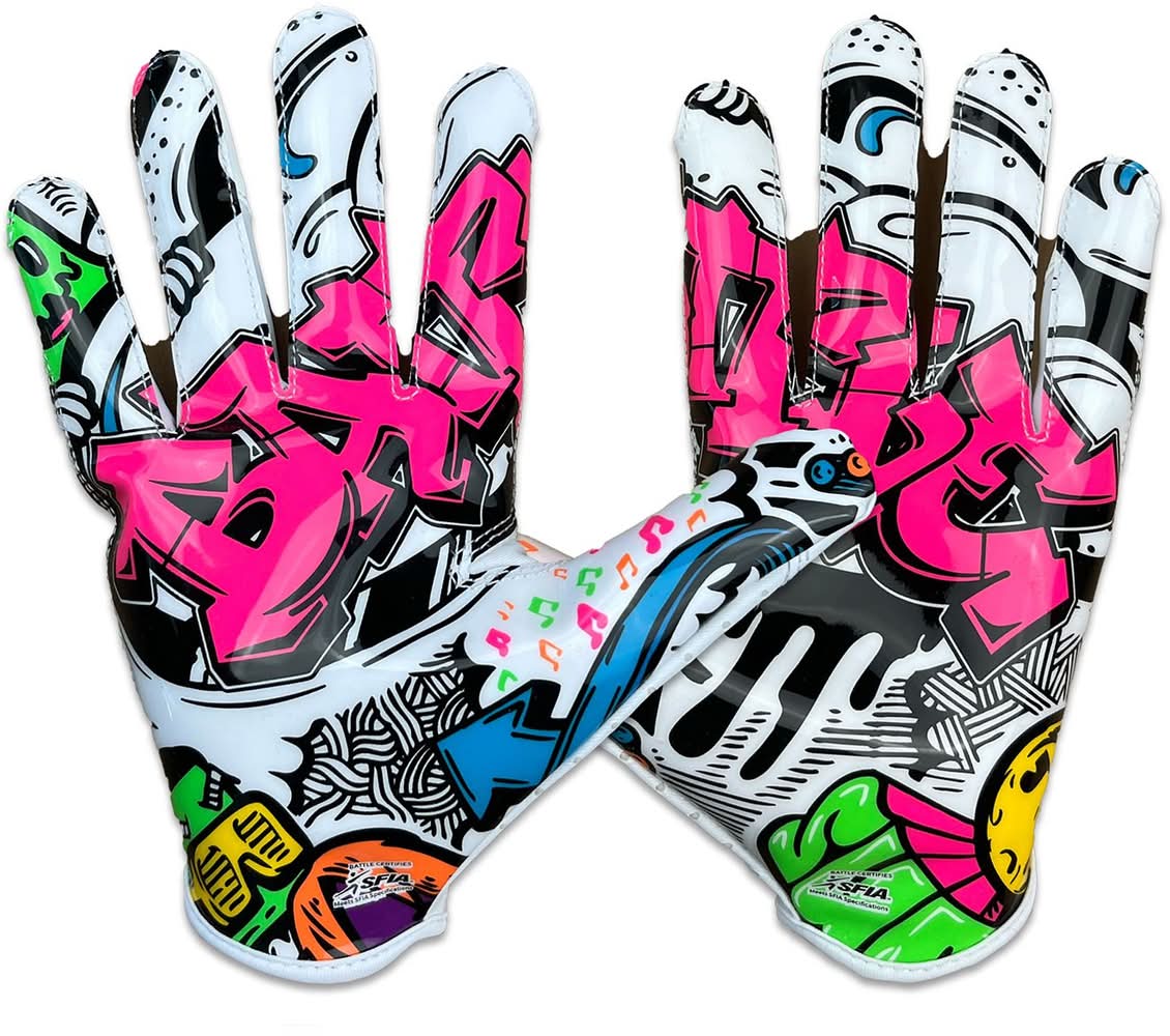 Battle Youth Doom Speed Receiver Football Gloves - Graffiti (White, S)