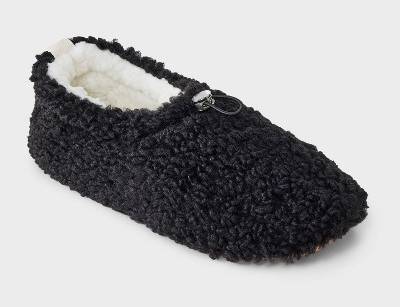 Faux Shearling Women's Pull-On Slipper Socks With Metal Toggle & Grippers, S/M, Black