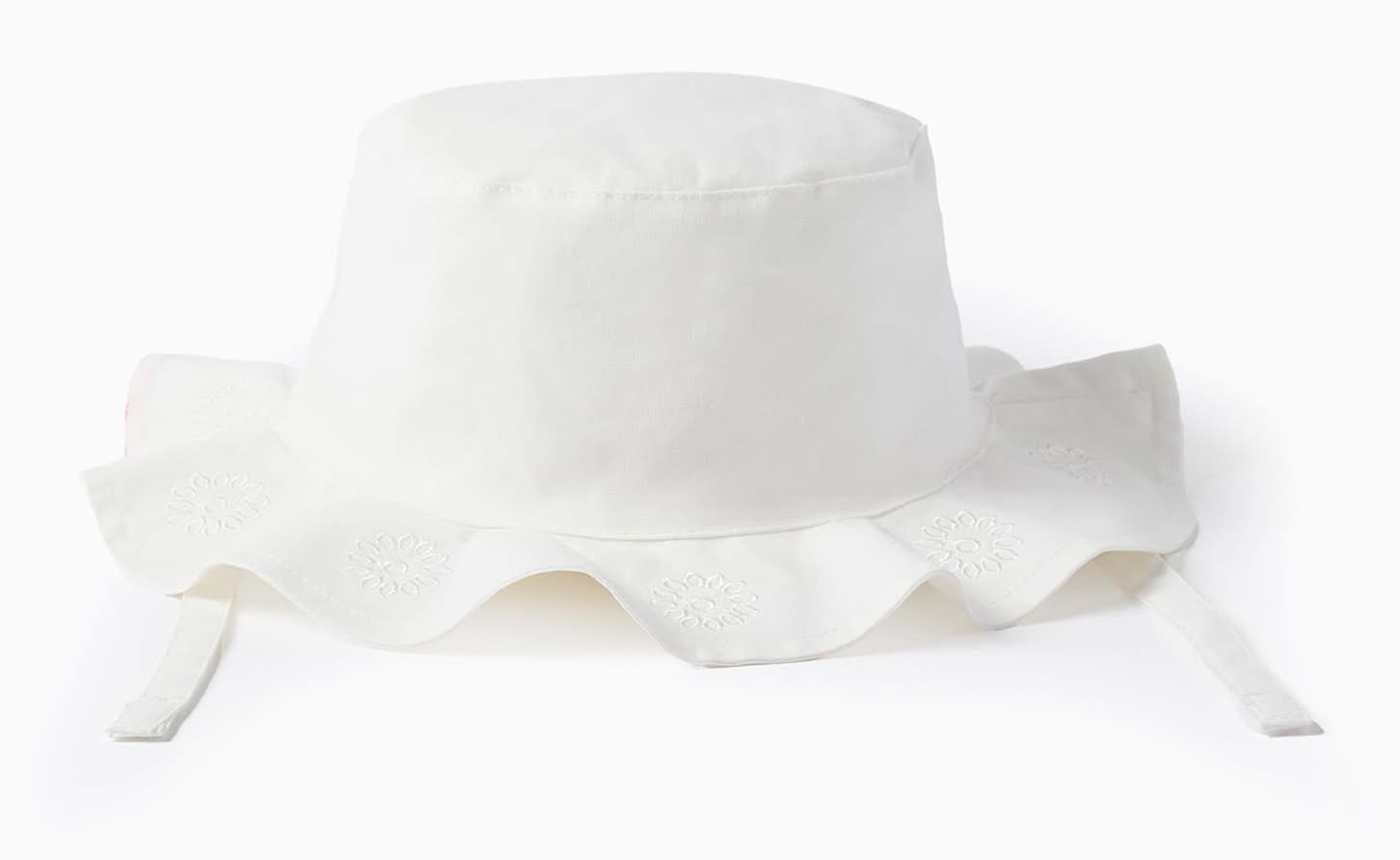 Chapéu De Algodão Com Bordado E Tiras Laterais Para Bebé Menina, Branco (Bege Claro - 18/24M)