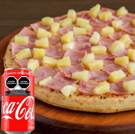 Combo Hawaiano: 1 Pizza mediana hawaiana + 1 refresco individual familia Coca Cola