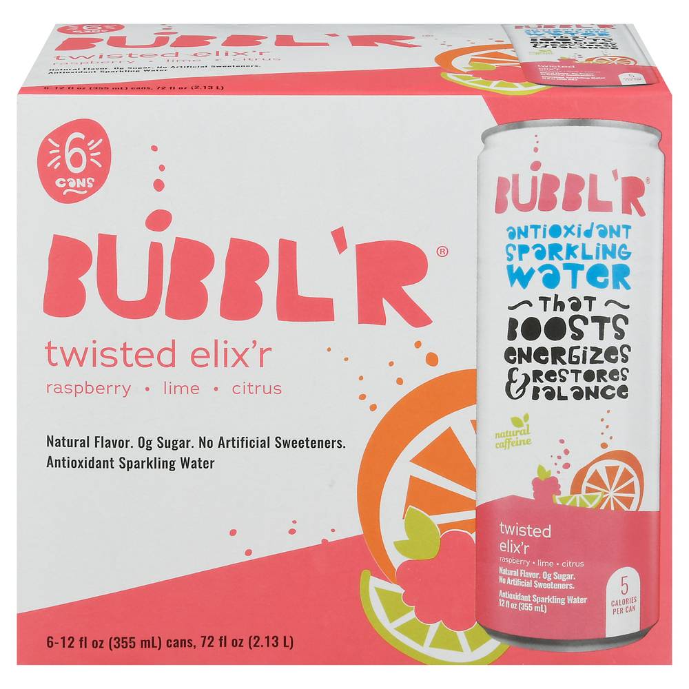 BUBBL'R Twisted Elix'r Antioxidant Sparkling Water, Raspberry-Lime-Citrus (6 x 12 fl oz)