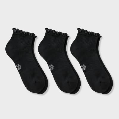 All In Motion Cushioned Ruffle Ankle Socks, Women, 4-10, Black (3 ct)