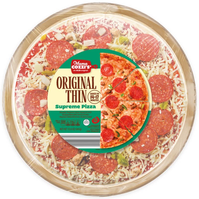 Mama Cozzi's Pizza Kitchen Original Thin Crust Supreme Pizza, Sauage Pepperoni Green Pepper & Onion (15.8 oz)