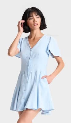 universal thread blue dress Women's Short Sleeve Button-Front Mini A-Line Delivery Near Me | Order Online Viscose cotton dress A-Line Maxi Chiffon Mother Color:Nude Silver No Cuff