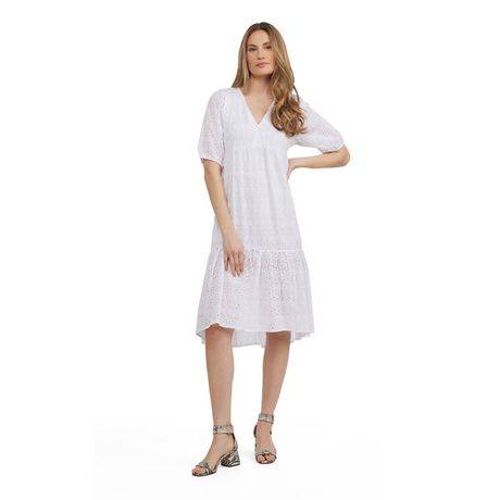 Mexx Women’s V-Neck Puff Sleeve Eyelet Dress (Color: White, Size: L)