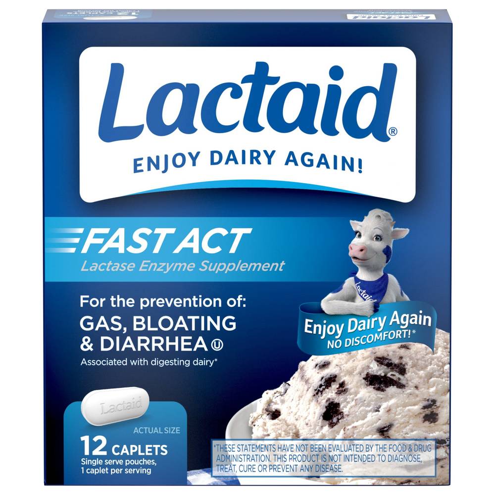 Lactaid Fast Act Lactase Enzyme Supplement Caplets (1.6 oz, 12 ct)