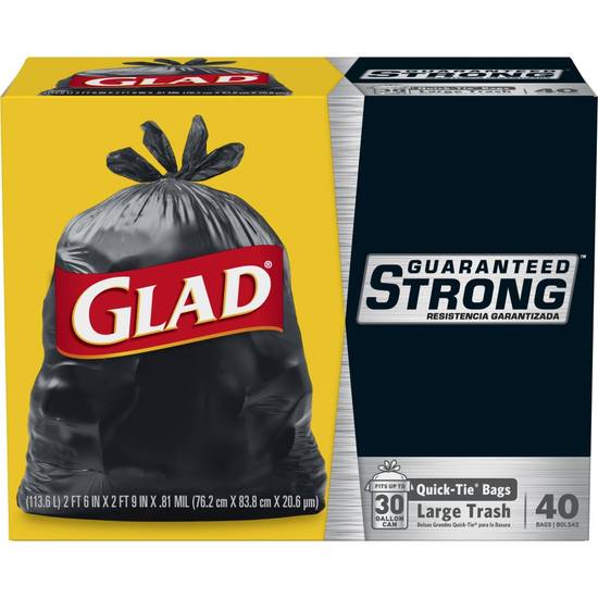 Glad Strong Quick-Tie Large Trash Bags, 30 gal (40 ct)