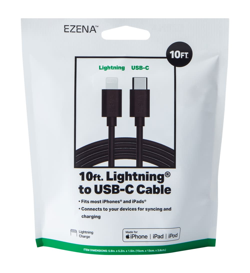 Ezena Lighting To Usb-C Cable, 10 ft, Black