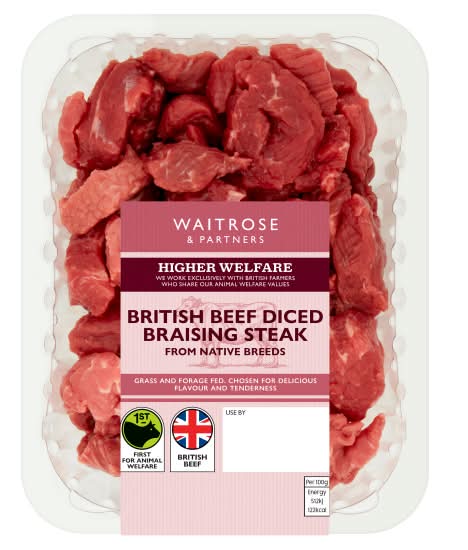 Waitrose & Partners Higher Welfare British Beef Diced Braising Steak (400g)