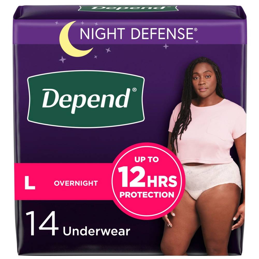 Depend Night Defense Incontinence Underwear For Women Overnight, L, Blush, 14 Ct