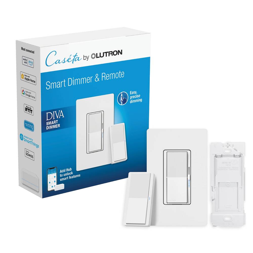 Lutron Diva Smart Dimmer 3-way Smart with LED Illuminated Rocker Light Dimmer Kit with Wall Plate, White | DVRF-PKG1D-WH-R