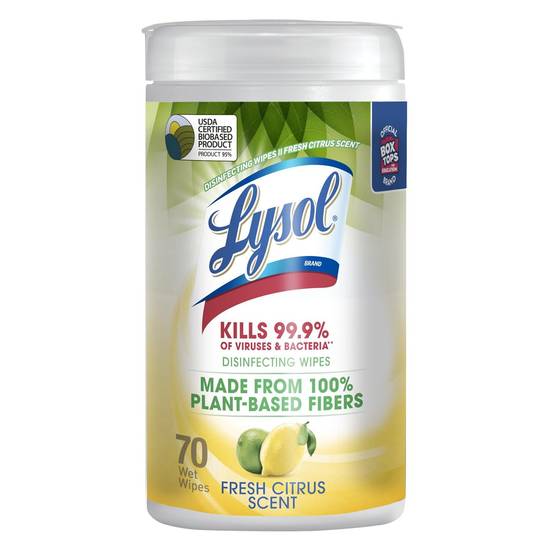 Lysol Plant Based Disinfecting Wipes, Fresh Citrus, 70 CT