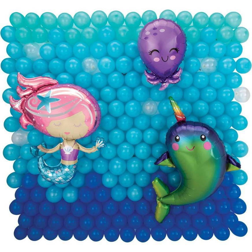 Uninflated Air-Filled Underwater Mermaid, Narwhal Octopus Foil Latex Balloon Backdrop Kit, 6.25ft x 5.9ft