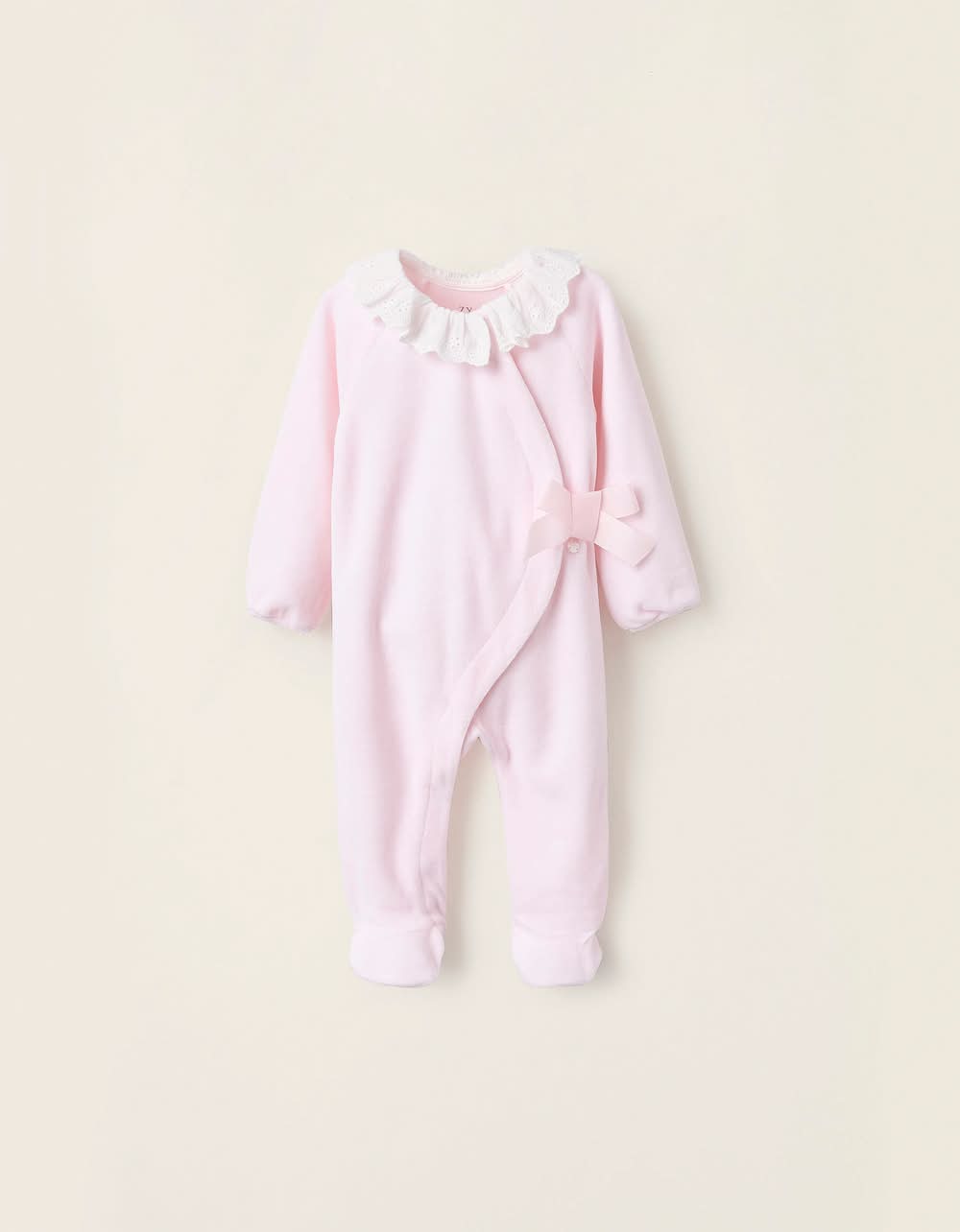 Babygrow De Veludo Com Laço E Bordado Inglês Para Recém-Nascida, Rosa (Rosa - 3/6M)