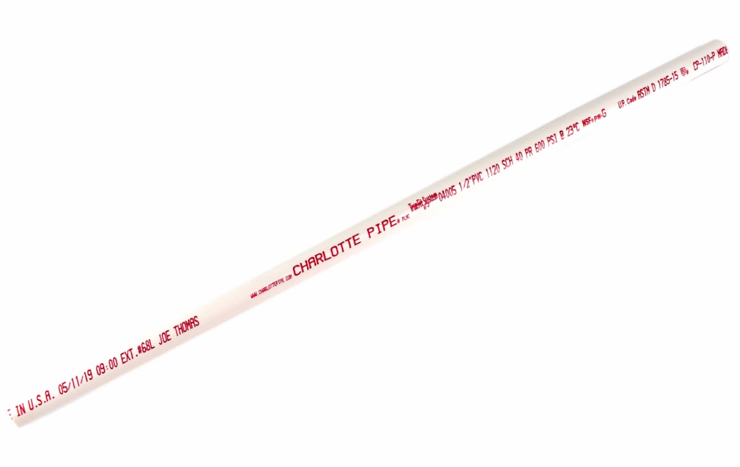 Charlotte Pipe Schedule 40 Pvc Solid Pipe 1/2 In. D X 2 Ft. L Plain End 600 Psi