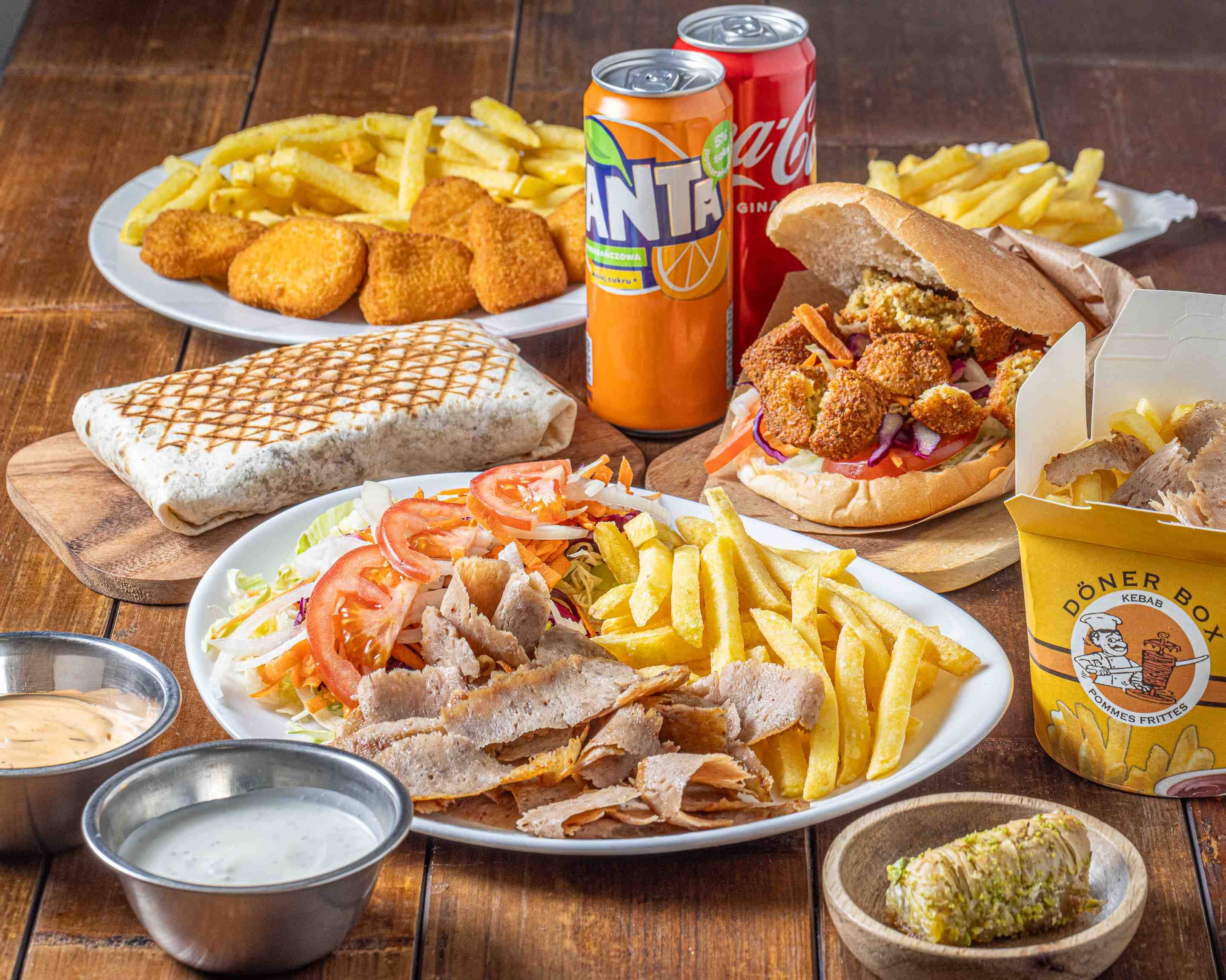 Burger, kebab and chips meal