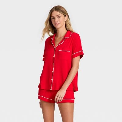 Women's Cloud Knit Modal Notch Collar Short Sleeve Top and Shorts Pajama Set - Auden™ Red XXL