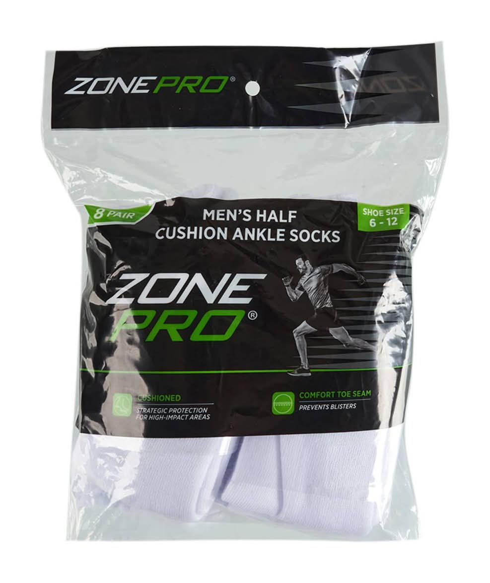 Zone Pro Men?S Half Cushion White Ankle Socks Size 6 To 12 8 Pk