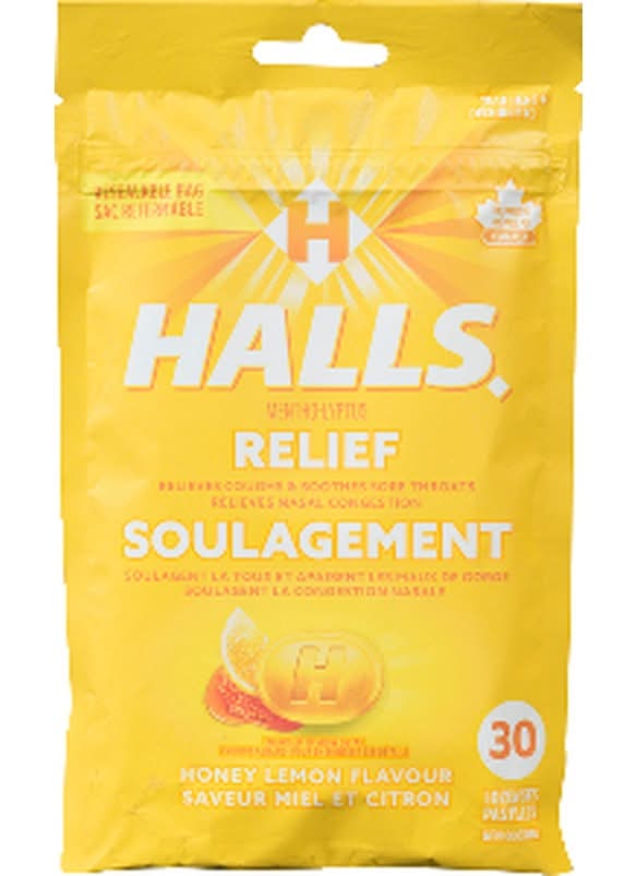 Halls Mentho Lyptus Relief Drops, Honey-Lemon (30 ct)