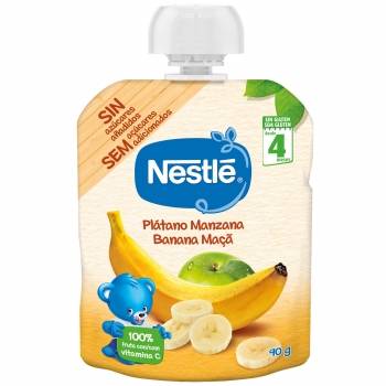 Bolsita de plátano y manzana desde 4 meses Nestlé sin gluten y sin azúcar añadido 90 g.