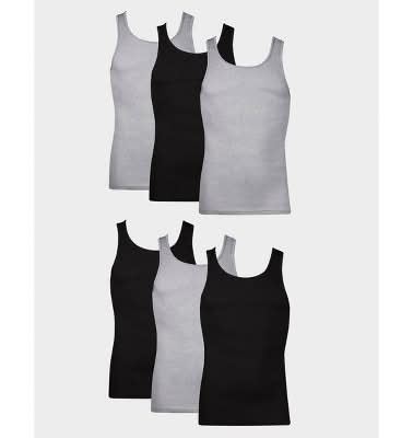 Hanes Ribbed Moisture Wicking Tank Top Undershirt, Men, Large, Gray-Black (6 pack)