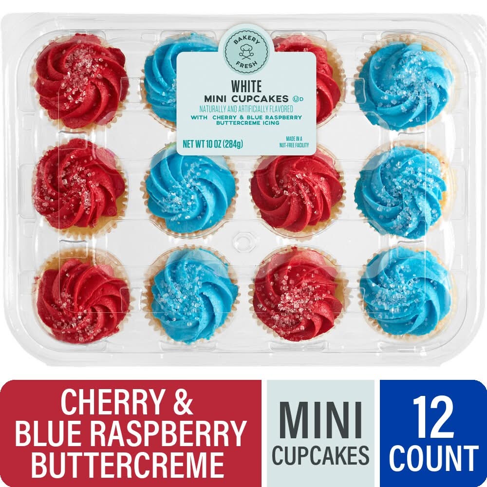 Bakery Fresh White Mini Cupcakes with Cherry and Blue Raspberry Buttercreme Icing
