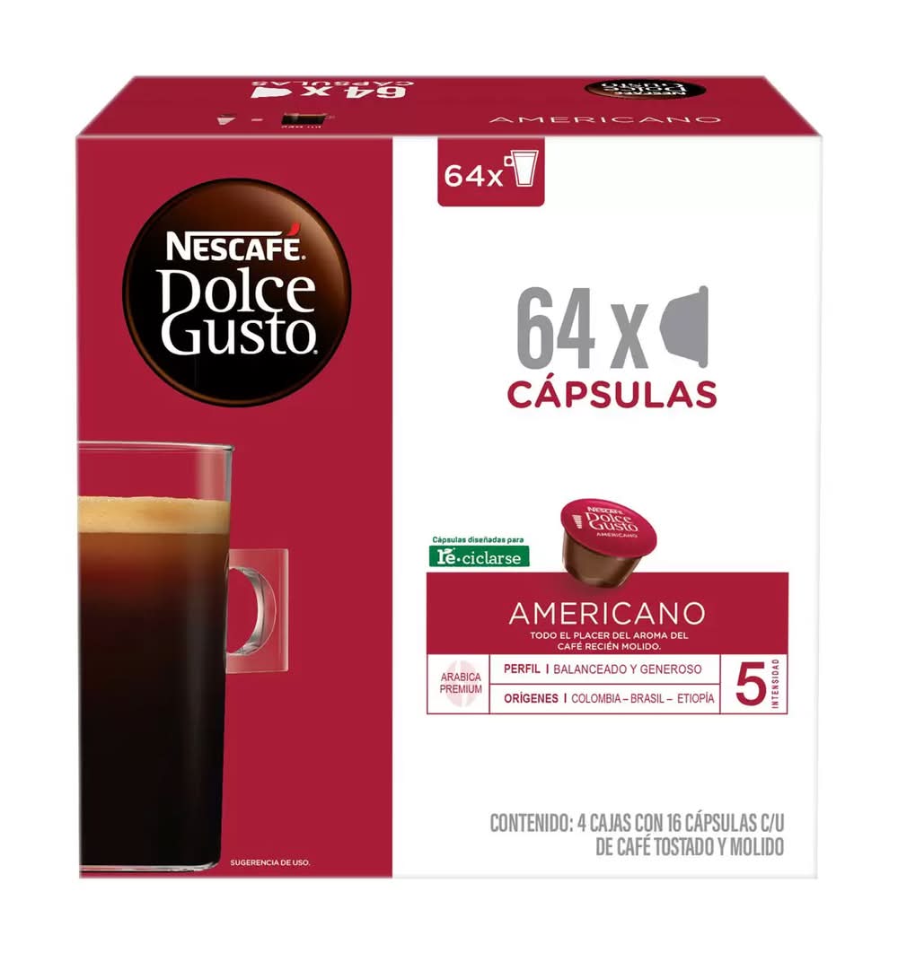 Nescafé · Dolce gusto cápsulas de café americano tostado y molido (4 x 16 un)
