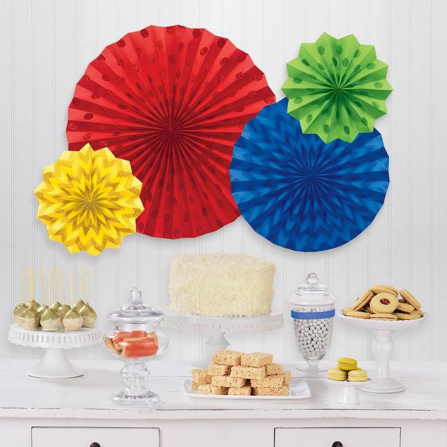 Rainbow Multicolor Paper Fan Decorations, 4ct