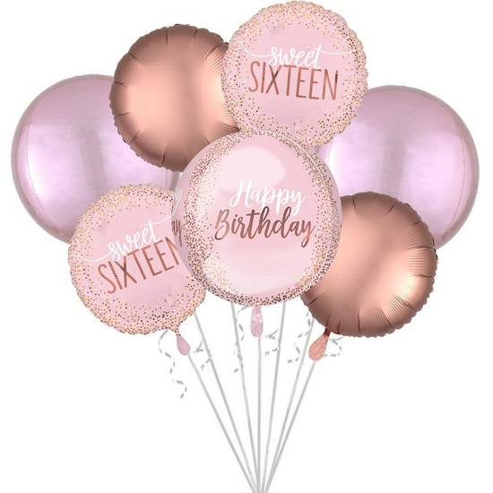 Uninflated Premium Blush Pink Gold Sweet 16 Foil Balloon Bouquet, 7pc