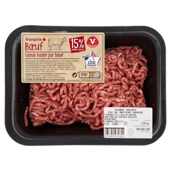 Viande hachée pur bœuf 15% matières grasses franprix 350g