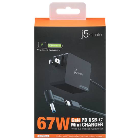 J5create 67w Gan Pd Usb-C Mini Charger With 4.5 mm Dc Converter