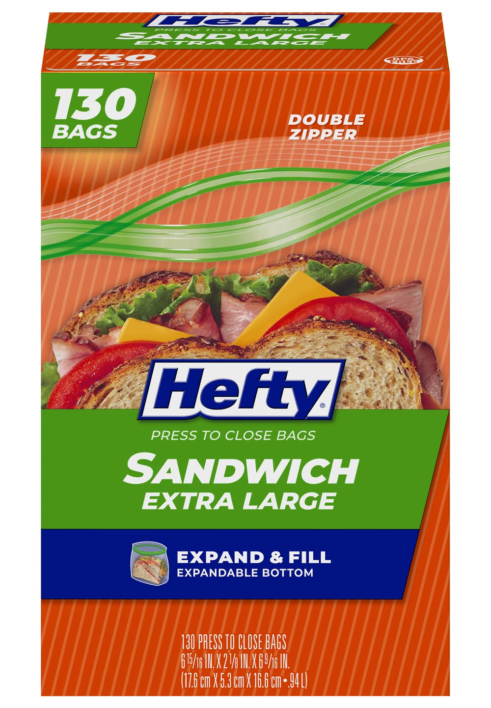 Hefty Double Zipper Sandwich Bags 94L, XL (130 ct)