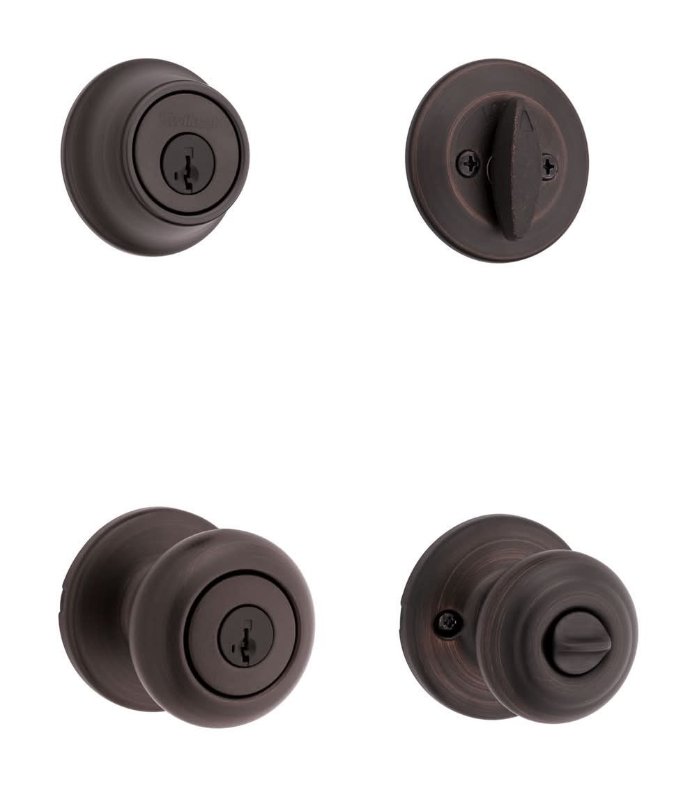 Kwikset Cove Venetian Bronze Exterior Single-Cylinder Deadbolt and Keyed Entry Door Knob Combo Pack ft. SmartKey Security