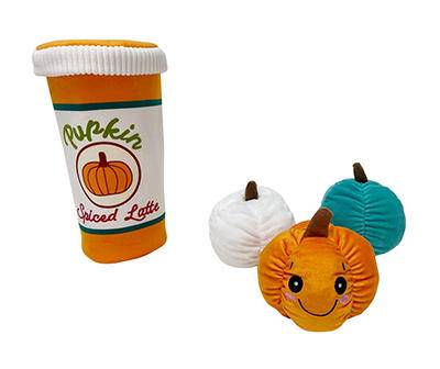 "Pupkin Spiced Latte" Cup & Pumpkins Burrow Plush Dog Toy Set