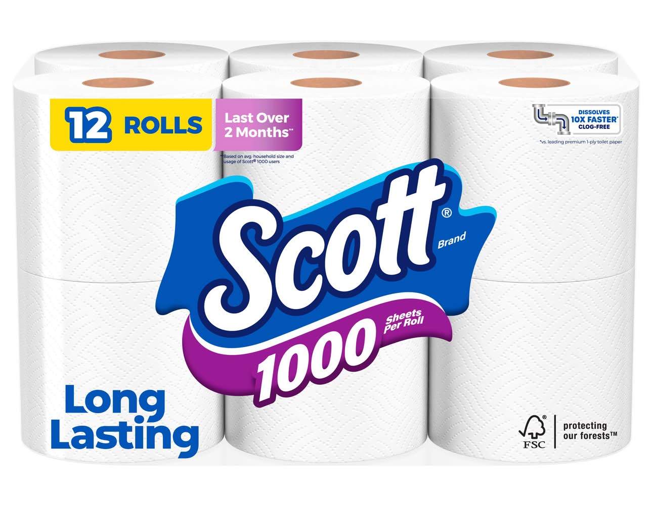 Scott Long Lasting Toilet Tissue Paper Roll, White (12 ct)