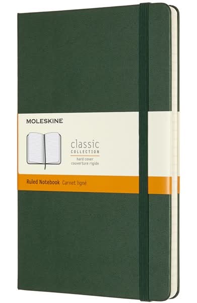 Moleskine Classic Hard Cover Notebook, Large, 5" x 8.25", Ruled, 240 Pages, Myrtle Green