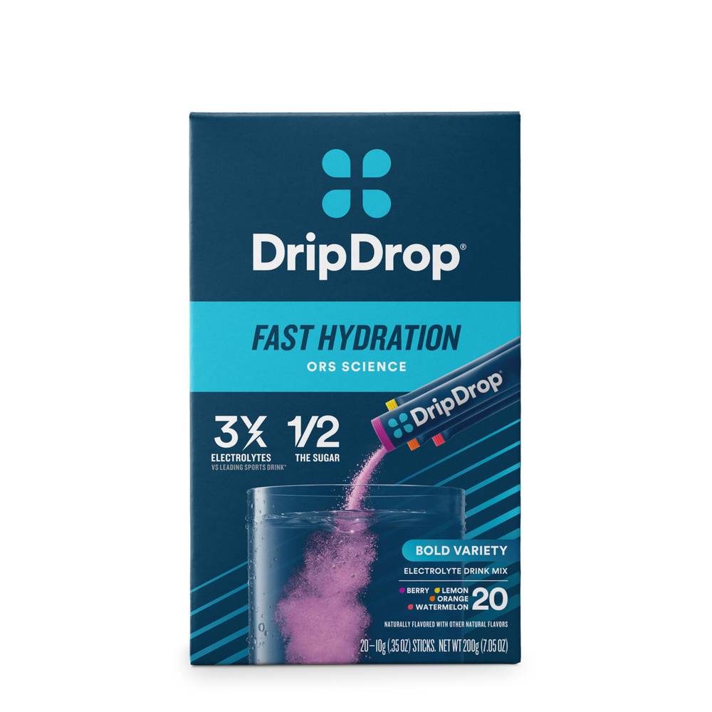 DripDrop Dehydration Relief Fast Electrolyte Drink Mix, Watermelon - Berry - Orange - Lemon (0.35 oz, 20 ct)