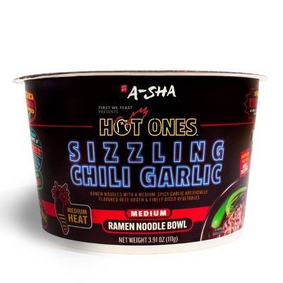 A-Sha Hot Ones Medium Ramen Noodle Bowl, Sizzling Chili Garlic (3.91 oz)