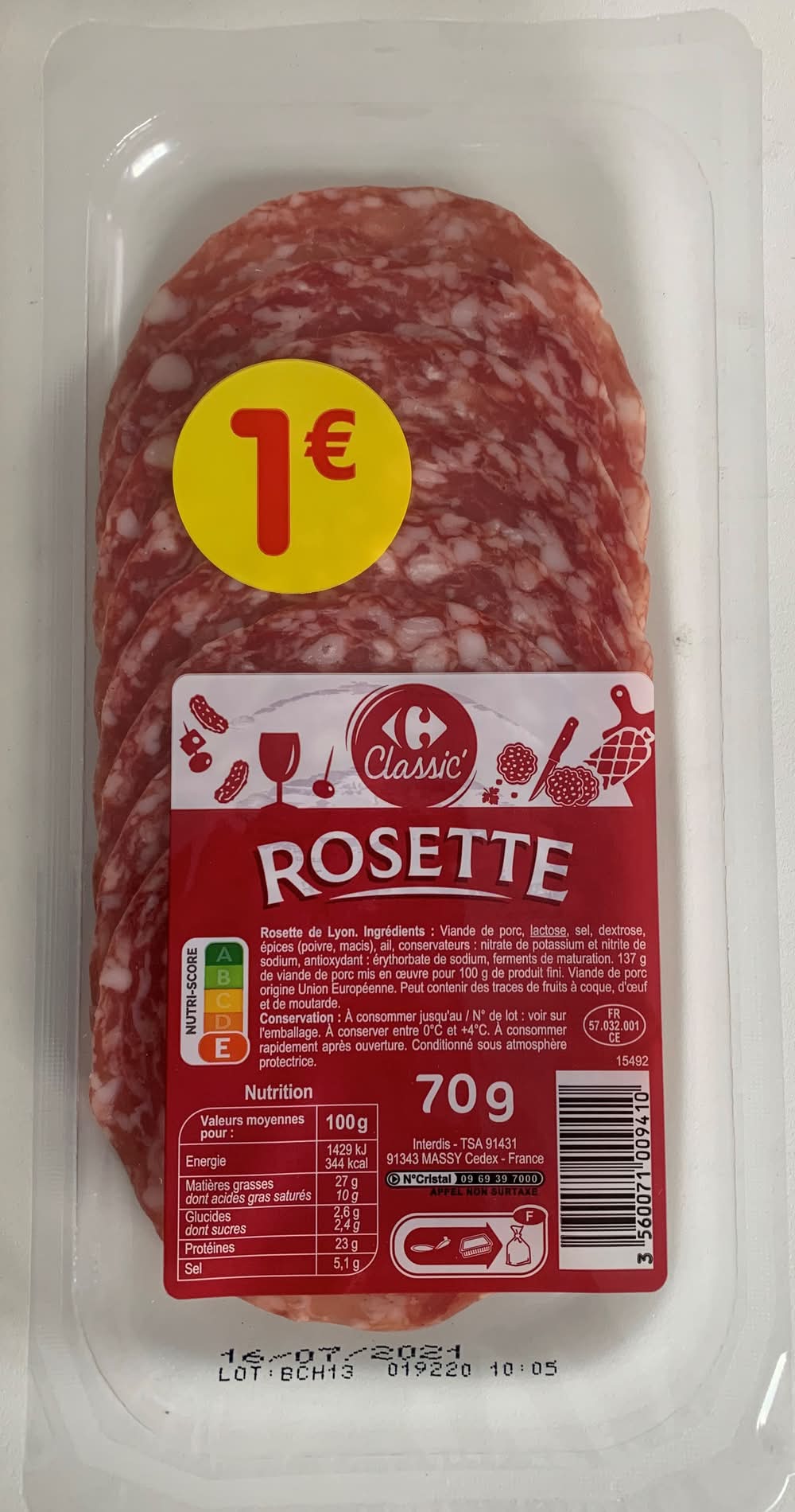 Carrefour Classic' - Salami rosette de lyon (70g)