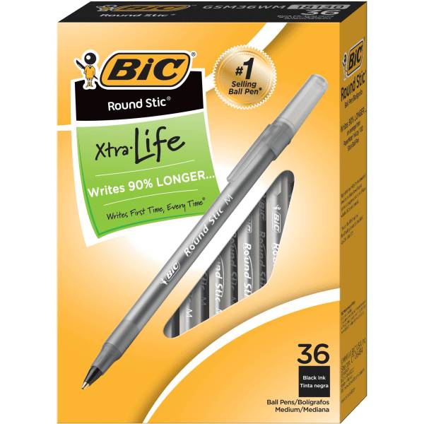Bic Round Stic Xtra Life Ballpoint Pens, Medium Point, 1.0 Mm, Translucent Barrel, Black Ink (36 ct)
