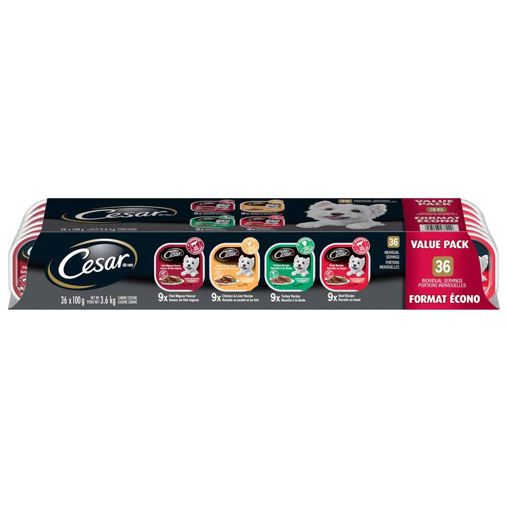 Cesar Classic Loaf In Sauce Soft Wet Dog Food Variety Pack- 36X100G Trays
